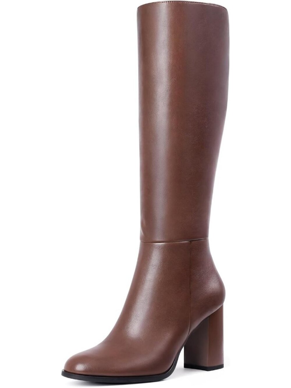 Women's Brown Knee High Boots Round Toe Chunky Heel Tall Boots with Side Zip